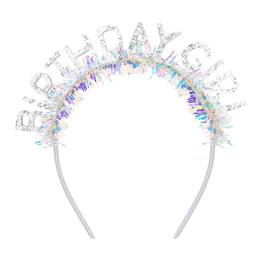 Jaciya Birthday Girl Glitter Headband for Women Girls Sparkling Silver Party Hair Accessories with Confetti Tinsel