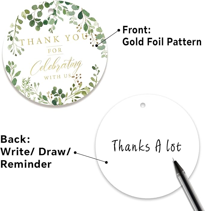 50PCS Thank You Gift Tags, 2x2 inch Green Floral Personalized Gift Tags with String for Wedding Birthdays Party Favors Baby Shower Bridal Shower