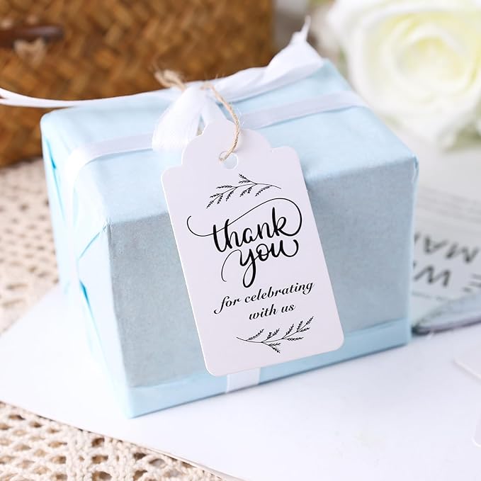 SallyFashion 100PCS Thank You Tags, 1.7 x 2.8 inch White Paper Gift Tags with Strings for Wedding Bridal Party Baby Shower Invitation