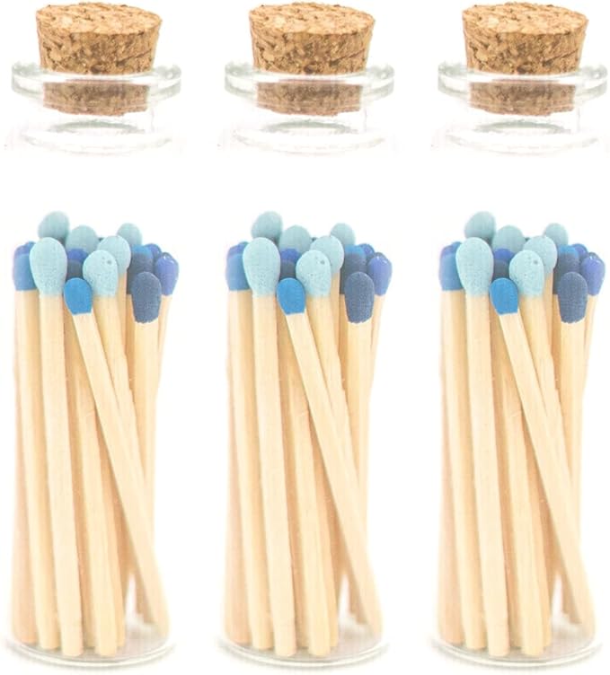 River Birch Decorative Matches in a Bottle with Striker - Cute & Colored Matches - 3 Bottles, Shades of Blue Tip, 60 Matches