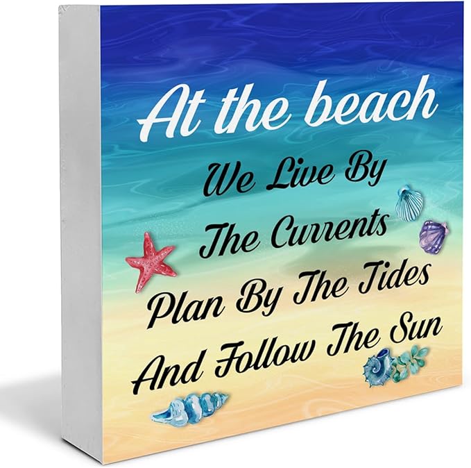 Summer Beach Decor Seashell Wood Block Sign Summer Decorations for Home Desk Table Shelf 5 x 5 Inches