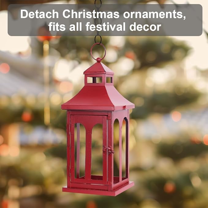 DECORKEY Christmas Decorations for Home, Decorative Christmas Lantern Indoor Outdoor Decor, Metal Hanging Candle Holder with Xmas Teardrop Wreath and LED Candle for Table Centerpieces, Patio (Red)