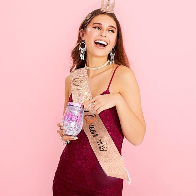 Birthday Queen Sash for Women Tiara & Crowns Headbands for Girls Happy Birthday Party Accessories Favor Supllies Leona Rose Gold Pink, 2 Pack