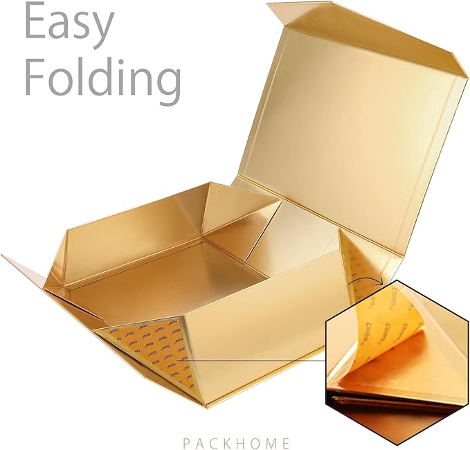 PACKHOME Large Christmas Gift Box with Lid 13.5x9x4.1 Inches, Sturdy Collapsible Gift Box with Magnetic Closure for Xmas (Glossy Gold)