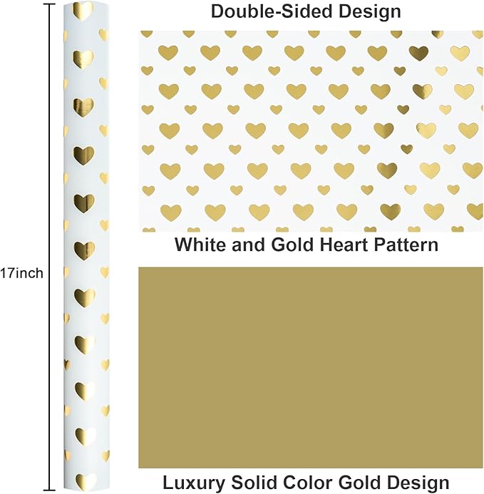Yarcony Wedding Wrapping Paper Roll, Heart Gift Wrapping Paper, Elegant Golden Heart Design Bridal Shower Gift Wrap for Birthday, Anniversary, Engagement, Valentine's Day (17 Inch X 33 Feet)