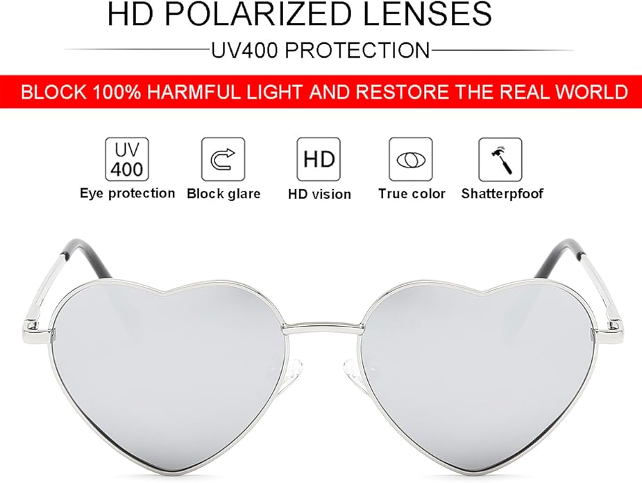 JOVAKIT Polarized Heart Sunglasses for Women Fashion Lovely Style Metal Frame UV400 Protection Lens