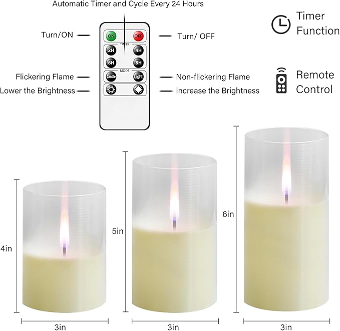 3Pack Flameless Candles, LED Candles, Flameless Candle with Remote Control，with Timer 2/4/6/8H，Flickering flameless Candles Ldeal for Setting The Mood（Ivory）(D 3" xH 4" 5" 6")