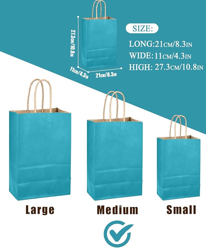qiqee Sea Blue Gift Bag with Handles Bulk 24Pcs Paper Bags -10.6"x8.3"x4.3"Party Favor Bags - Solid Color