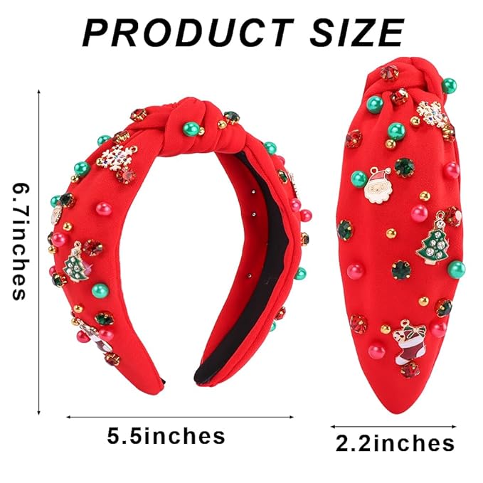 TODDER Red Christmas Knotted Headband, Santa Trees Embellished Pearl Rhinestone Headband for Women and Girls Christmas Hair Accessories Costumes and Gifts for Themed Parties and Holiday