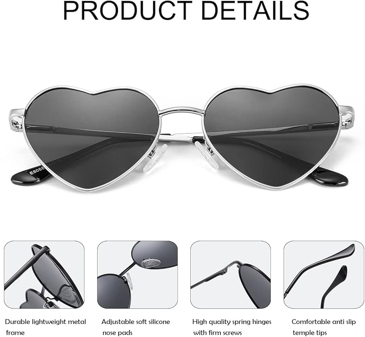JOVAKIT Polarized Heart Sunglasses for Women Fashion Lovely Style Metal Frame UV400 Protection Lens