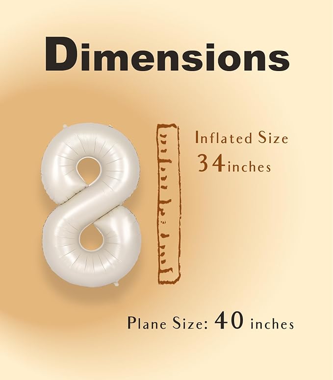 SUWEN 40 Inch Cream White Large 8 Number Balloons Big Foil Helium Number Balloons 0-9 Jumbo Happy 8th Mylar Birthday Party Decorations for Boy or Girl Anniversary Party Supplies