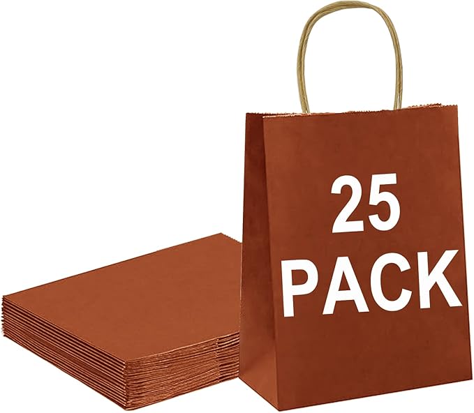 BAG BOX 25 Pack 8.25x4.3x10.6 Inch Orange Gift Bags with Handles,Bulk Kraft Paper Bags for Shopping, Retail, Merchandise, Wedding, Party Favors, Paper Grocery Sacks