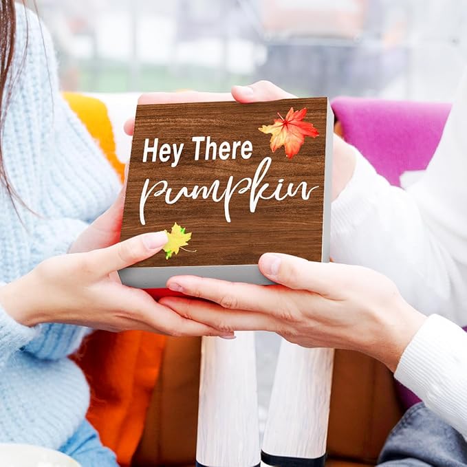 Funny Autumn Wood Box Sign Hey There Pimpkin Wooden Block Desk Decor for Home Office Kitchen Cubicle Table Shelf Tabletop,Farmhouse Fall Sign Decor