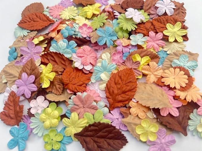 200 Pcs Handmade Mixed Mulberry Paper Flowers Petals and Leaves Scrapbooking Wedding DIY Craft Supplies Card (10 Colors Flowers/Brown Tone Leaves)