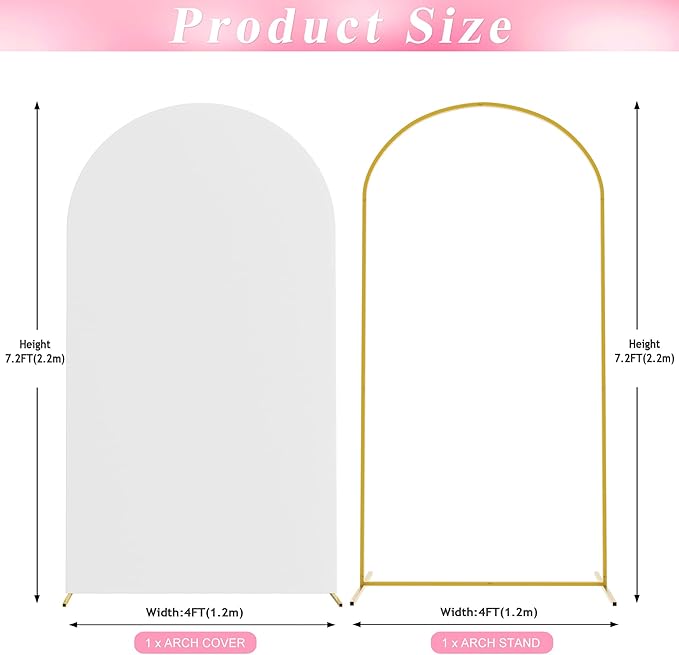 Wokceer 7.2 FT Wedding Arch Backdrop Stand and White Arch Cover, Metal Arch Stand with Arch Stand Cover for Birthday Party Wedding Ceremony Bridal Baby Shower Event Decor