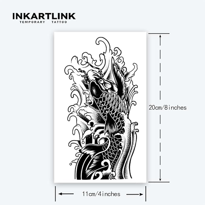 INKARTLINK Tattoo Tech,2 Sheets Extra-Large Semi Permanent Tattoo,Adult Art Design Temporary Tattoos, Lasts 1-2 Weeks, Waterproof, Realistic Look, No Adhesive, No Reflection (Koi Fish Design)