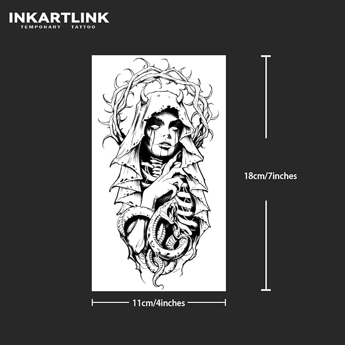 INKARTLINK Tattoo Tech, 2 Sheets Extra Large Semi Permanent Tattoo, Adult Art Design Temporary Tattoos, Lasts 1-2 Weeks, Waterproof, Realistic Look, No Adhesive, No Reflection (Nun)