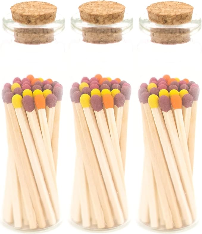 River Birch Decorative Matches in a Bottle with Striker - Cute & Colored Matches - 3 Bottles, Fall Leaves Tip, 60 Matches