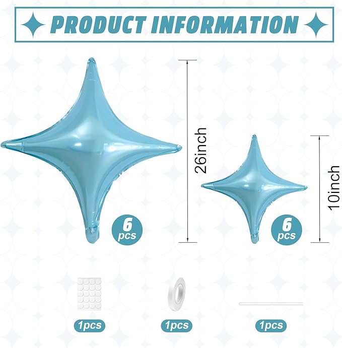 Blue Star Balloons,12Pcs Four Angle Star Foil Balloons,26Inch and 10Inch Light Blue Quadrangle Helium Balloon for Birthday Anniversary Baby Shower Wedding Party Decorations