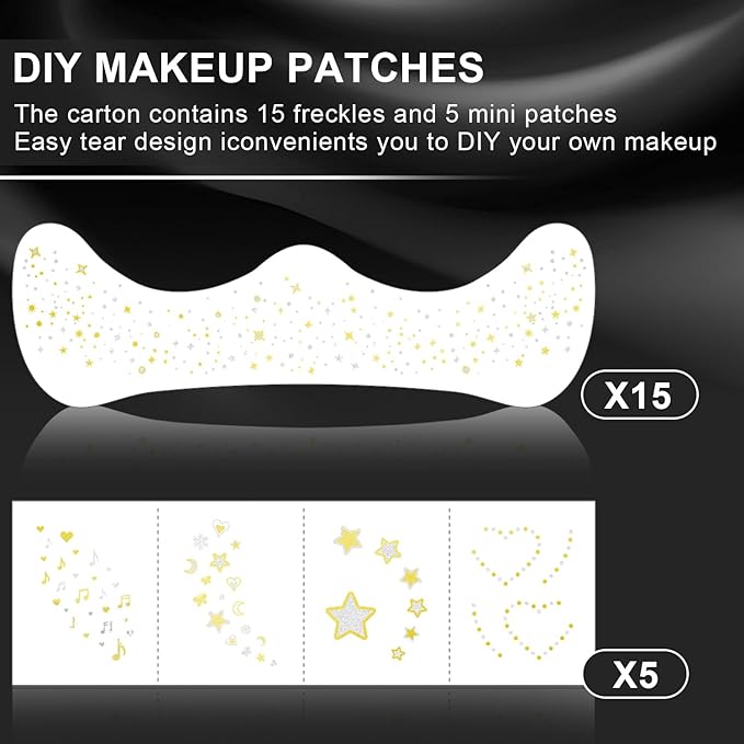 20 Pcs Gold and Silver Face Makeup Patches, Gold and Silver Glitter Freckles Face Tattoos, Sparkle Makeup Patches, Waterproof Face Temporary Tattoos for Women