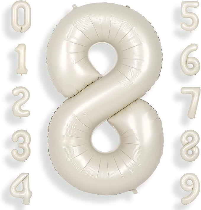 SUWEN 40 Inch Cream White Large 8 Number Balloons Big Foil Helium Number Balloons 0-9 Jumbo Happy 8th Mylar Birthday Party Decorations for Boy or Girl Anniversary Party Supplies