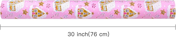WRAPAHOLIC 30 Inch Jumbo Reversible Gingerbread Christmas Wrapping Paper - 30 Inch x 100 Feet Jumbo Roll Pink Gingerbread House and Snowflake with Embossed for Christmas, Holiday, Party Celebration