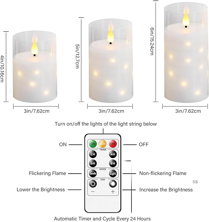 Real Wax Flameless Candles Glass,Battery Operated LED Candles with Flickering Flame,Glass Shell,Interior Star Light Decoration Set of 3 White (D3×H 4" 5" 6") for Home Decor,Holiday Decoration