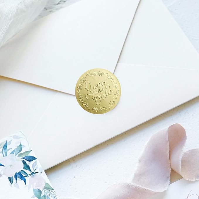 100 x Embossed Save The Date Stickers – Gold Foil Wedding Labels – Metallic Foil Envelope Seals – Elegant Invitation Stickers – Embossed Party Favor Tags (1.6 Inch)