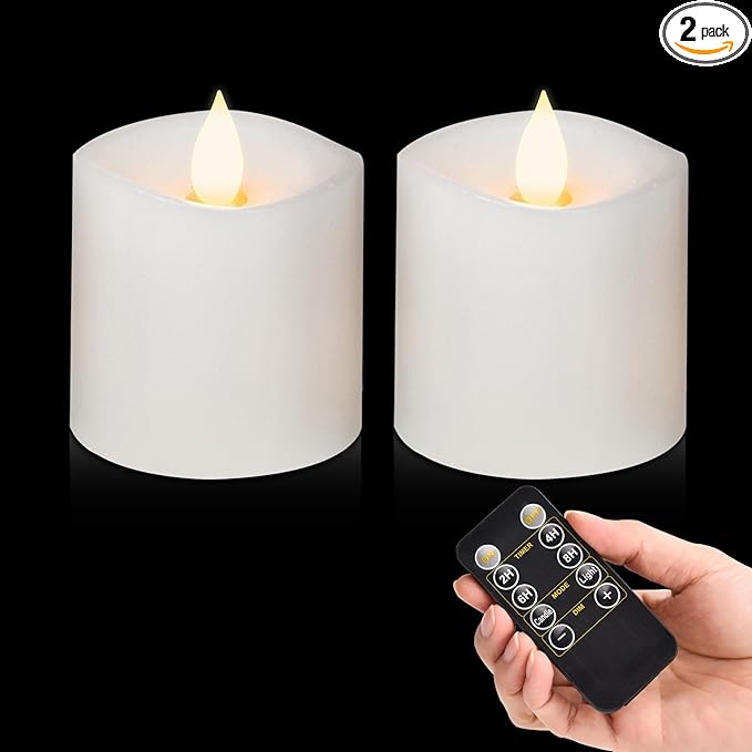 3x3 Flameless Candles Battery Operated with Remote Timer, Last 600 Hours Battery Candles Flickering, White Real Wax Electric LED Candle for Wedding Party, Set of 2