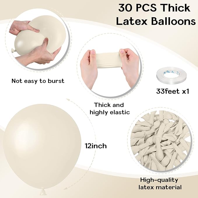 White Sand Balloons, 12 Inch 30 Pcs Beige Balloon Boho White Latex Cream Balloons Matte Off White Sand Neutral Helium Balloons for Birthday Wedding Baby Shower Anniversary Party Decorations
