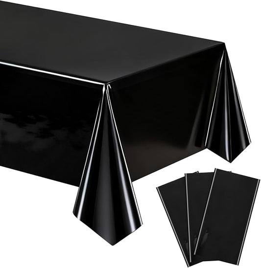mwellewm 3Pcs Black Tablecloth 54 * 72 inch Plastic Shiny Disco Table Cloth Disposable Foil Table Cover for Birthday Halloween Decorations Wedding Christmas Anniversary Dinner Grad Party Supplies