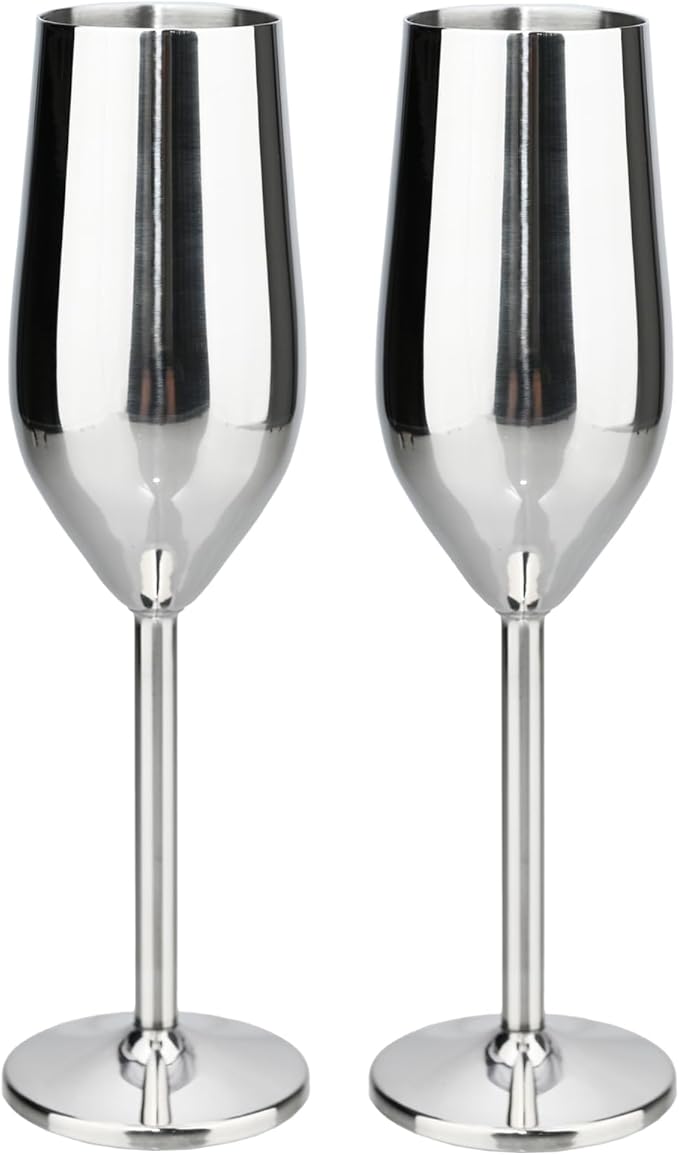 TJ Unbreakable 8 Oz Stainless Steel Champagne Flutes (2 Pack)- Silver Champagne Glasses - Reusable Indoor Outdoor Drinkware - Keeps Drink Cool for Longer - Gift Idea