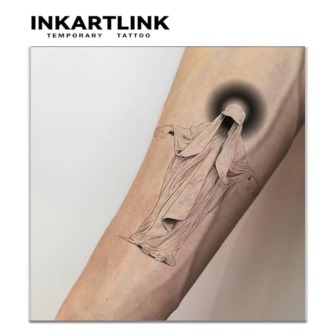 INKARTLINK Tattoo Tech, 2 Sheets Medium Semi Permanent Tattoo, Adult Art Design Temporary Tattoos, Lasts 1-2 Weeks, Waterproof, Realistic Look, No Adhesive, No Reflection (Messenger Design)