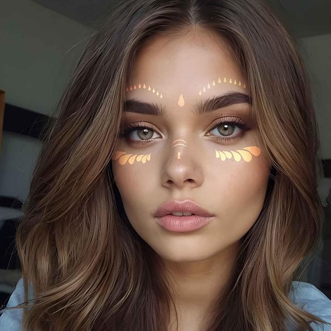 12 Pcs Gold Face Temporary Tattoo Sticker, Glitter Metallic Face Tattoo Stickers, Glitter Freckles, Sparkle Makeup Patches Freckle Tattoos for Women Girls Party Decor 650