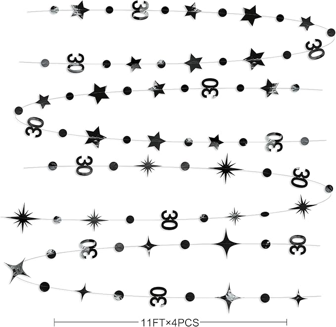 Black 30th Birthday Decorations Number 30 Circle Dot Twinkle Star Garland Metallic Hanging Streamer Bunting Banner Backdrop for Mens Womens Happy Dirty 30 Year Old Thirty Anniversary Party Supplies