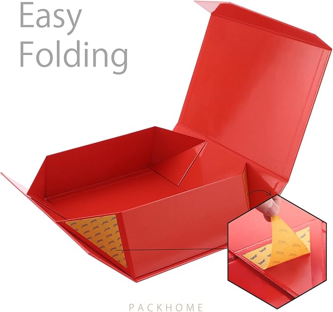 PACKHOME Large Christmas Gift Box with Lid 13.5x9x4.1 Inches, Sturdy Collapsible Gift Box with Magnetic Closure for Xmas (Glossy Red)