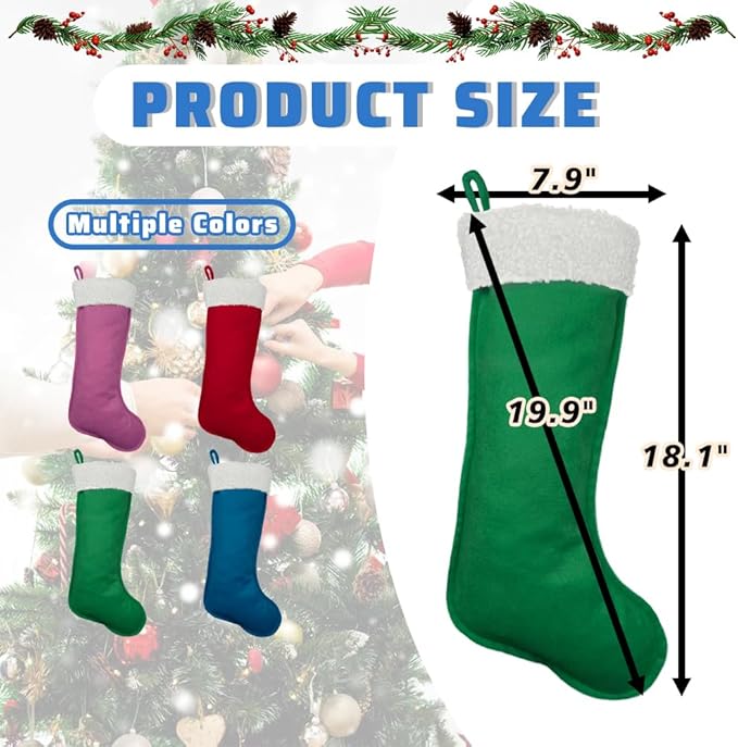 6 Pack Green Christmas Stockings 20 Inches – Large Velvet Holiday Stockings for Fireplace, Home, Office & School Decorations – Classic Plain Christmas Stockings for Family or Business Use