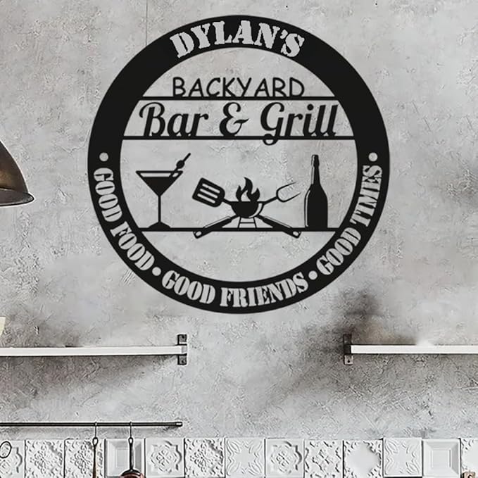 Custom Backyard Bar and Grill Metal Sign , Personalized Outdoor Kitchen Wall Art with Good Food Good Friends Good Times Quote , Rustic BBQ Patio Decor, Grill Master Gift for Dad, Husband, Grandpa, Man Cave