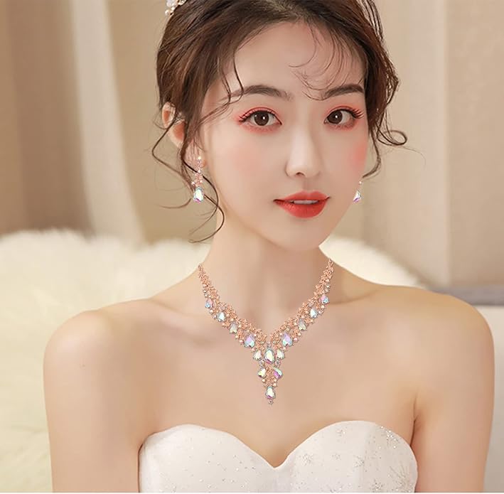 CSY Elegant Crystal Costume Jewelry Sets Flower Bridal Necklace Earrings Stretch Bangle Set for Bride Bridesmaid Wedding Dress Accessories