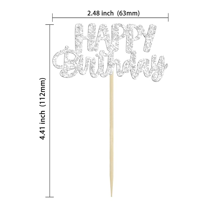 Gyufise 24 Pcs Happy Birthday Cupcake Toppers - Silver Glitter Cake Decorations Picks for Celebrations