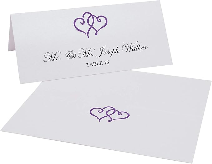 Linked Hearts Place Cards, Purple (Choose Color), Set of 25, Pre-cut and Scored - Wedding, Party, Dinner, and Special Events - Made in the USA