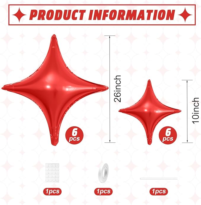 Red Star Balloons,12Pcs Four Angle Star Foil Balloons,26Inch and 10Inch Red Quadrangle Helium Balloon for Birthday New Year Christmas Anniversary Baby Shower Wedding Party Decorations