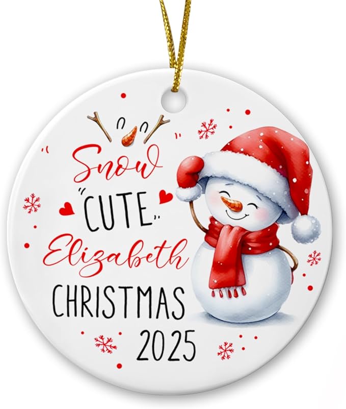 Personalized Snow Cute Christmas Ceramic Ornament, Snowman Wearing Santa Hat, Holiday Keepsakes Gifts for Baby Boy Girl Kids, Custom Name & Year for Xmas Tree