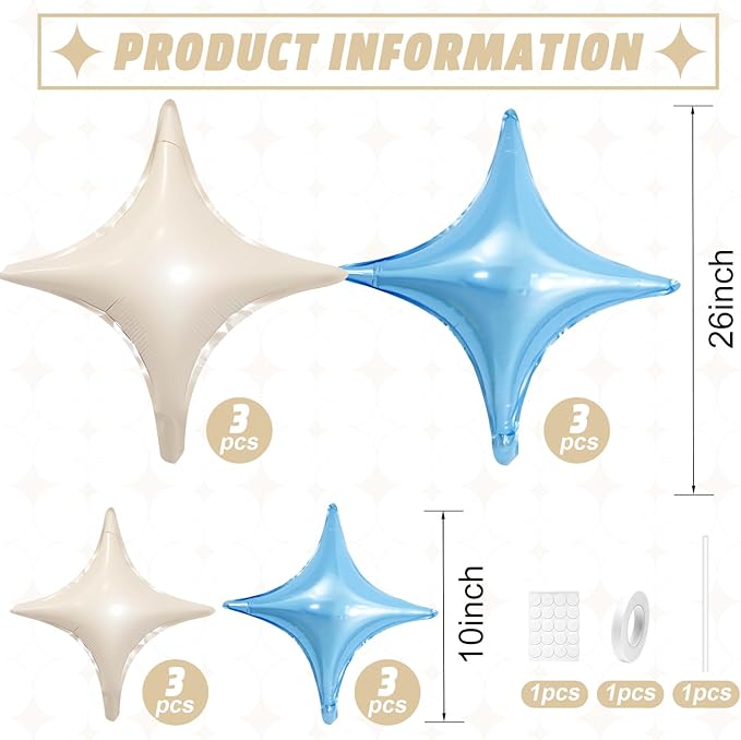 Blue White Star Balloons,12Pcs Four Angle Star Foil Balloons,26Inch and 10Inch Blue Cream White Quadrangle Helium Balloon for Birthday Baby Shower Anniversary Party Decorations