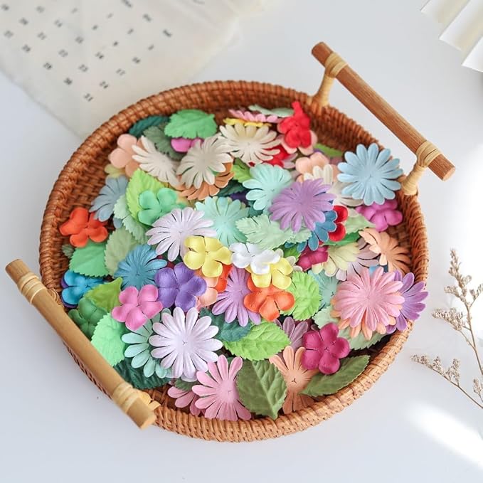 100 Pcs Handmade Mixed Mulberry Paper Flowers Petals and Leaves Scrapbooking Wedding DIY Craft Supplies Card(Mixed Pastel Flowers/Green Tone Leaves)