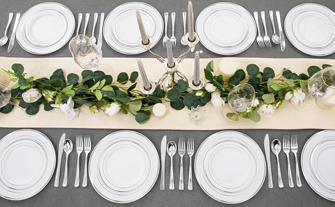 FLOWERCAT 60PCS Silver Plastic Plates - Heavy Duty White and Silver Plastic Plates Disposable - Include 30PCS 10.25inch Dinner Plates and 30PCS 7.5inch Dessert Plates for Wedding&New Year&Christmas