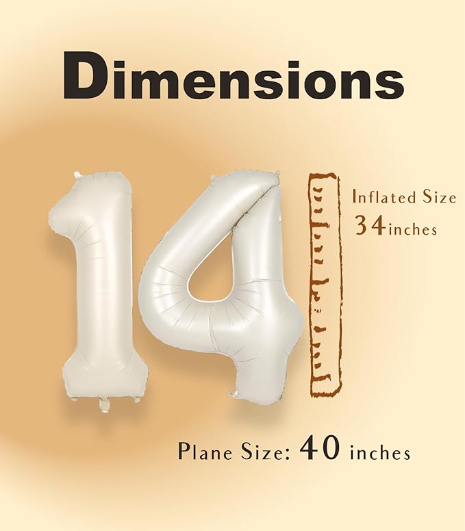 SUWEN 40 Inch Cream White Large 14 Number Balloons Big Foil Helium Number Balloons 0-9 Jumbo Happy 14th Mylar Birthday Party Decorations for Boy or Girl 41 Anniversary Party Supplies