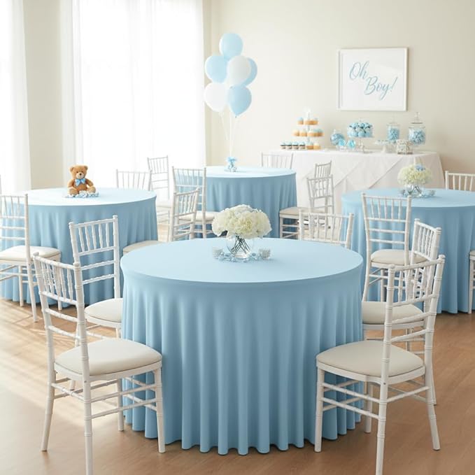 60 Inch Spandex Round Table Skirts ,Fitted Stretch Tablecloths for Round 5 ft Table, Wrinkle-Free Ruffle Design Tablecloths for Baby Shower, Banquets,Trade Shows, Parties, Events, Baby Blue,6 Pcs