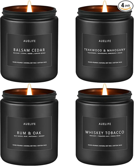 Winter Candle Gift Set for Men – 4 Pack Soy Candles with Balsam Cedar, Teak & Mahogany, Whiskey Tobacco, Rum & Oak – Masculine Scented Candles for Home, Christmas Gift Set for Dad Fathers Day