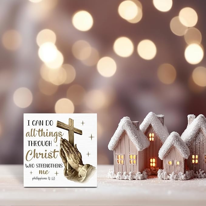 Christian Christmas Decorations, Christ Decor with Praying Hands, Religious Bible Gifts for Women, Men - Baptism Decorations for Home Desk Table Shelf 5 X 5 Inch